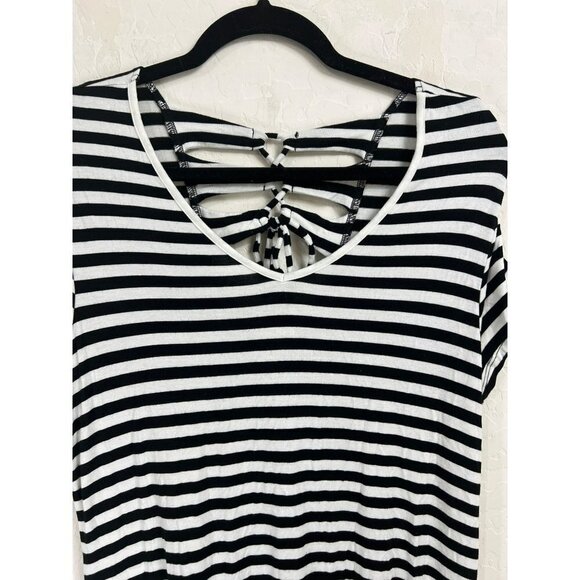 Chicos Sz 2 (US 12) V Neck T Shirt Midi Dress Black White Horizontal Stripe Fun - Picture 3 of 8